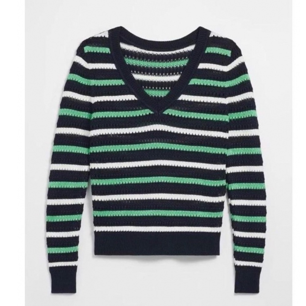 White House Black Market V-Neck Striped Pointelle Knit Sweater Navy Green M g5